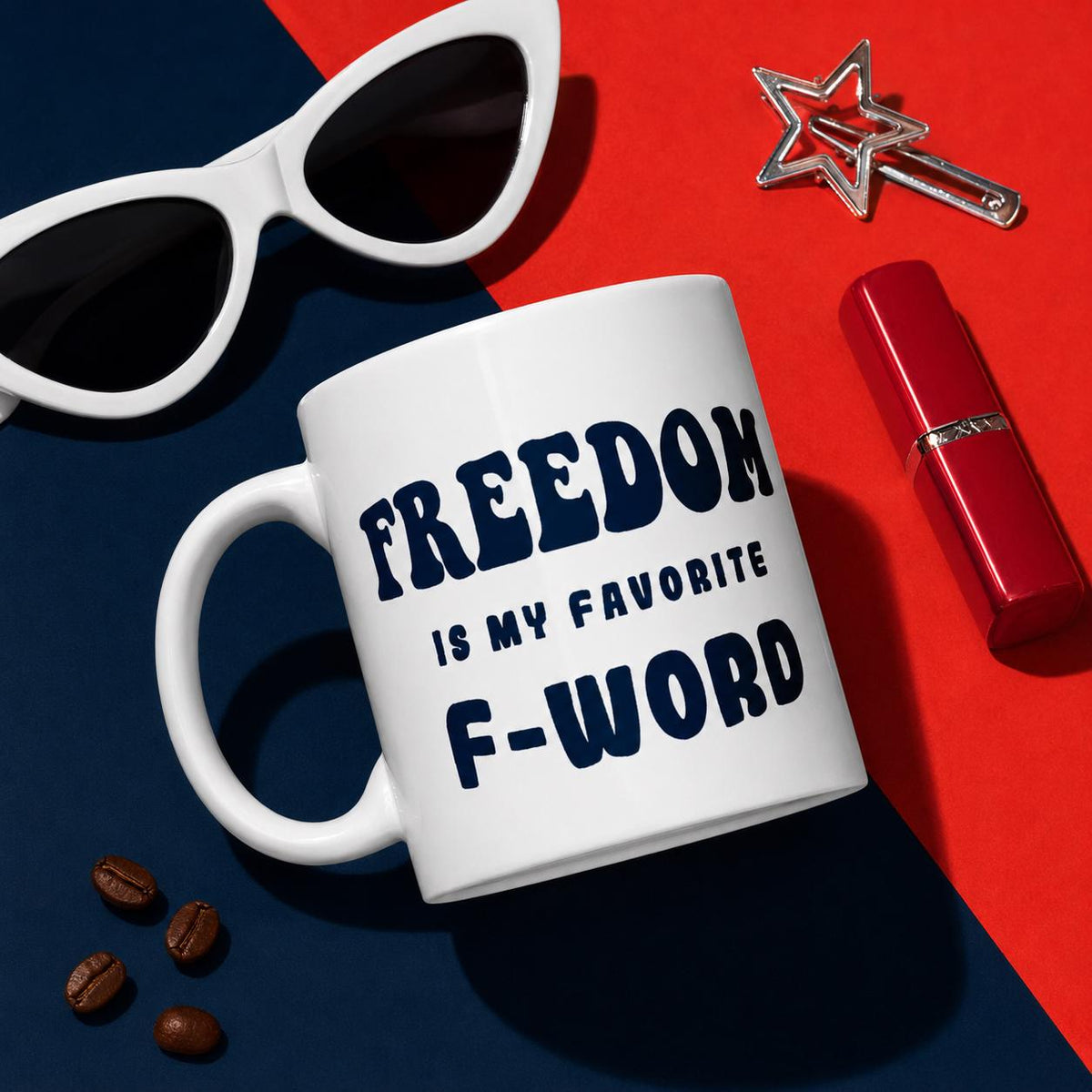 White glossy ceramic coffee mug printed with the phrase Freedom is My Favorite F-Word. Available in 11 oz, 15 oz, and 20 oz. Dishwasher and microwave safe, lead-free and BPA-free. A funny patriotic gift for liberty lovers and coffee drinkers.