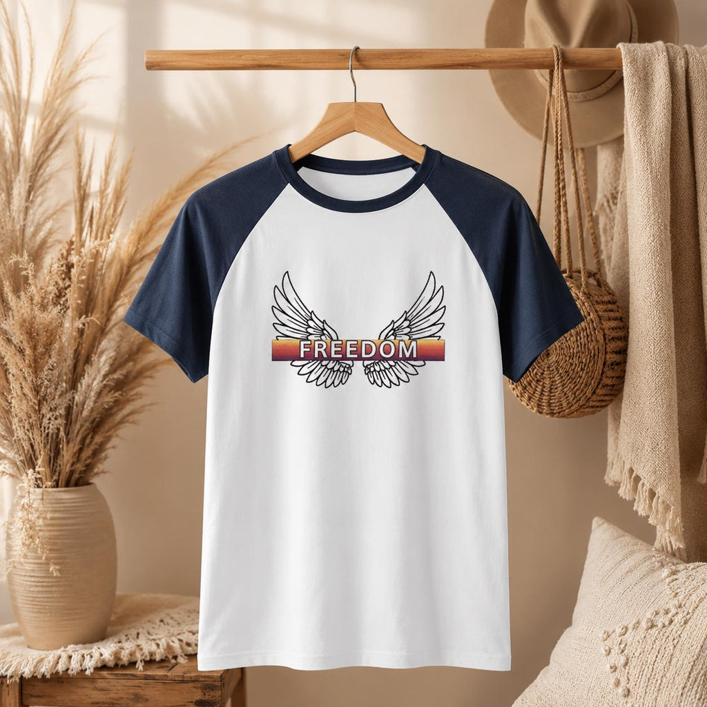 Freedom Wings Baseball Tee, Womens Micro Rib Raglan Baby Tee, Fitted Contrast Sleeve Top, Patriotic Womens Shirt, Soft Cotton Blend