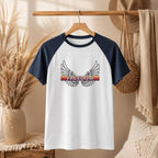 Freedom Wings Baseball Tee, Womens Micro Rib Raglan Baby Tee, Fitted Contrast Sleeve Top, Patriotic Womens Shirt, Soft Cotton Blend
