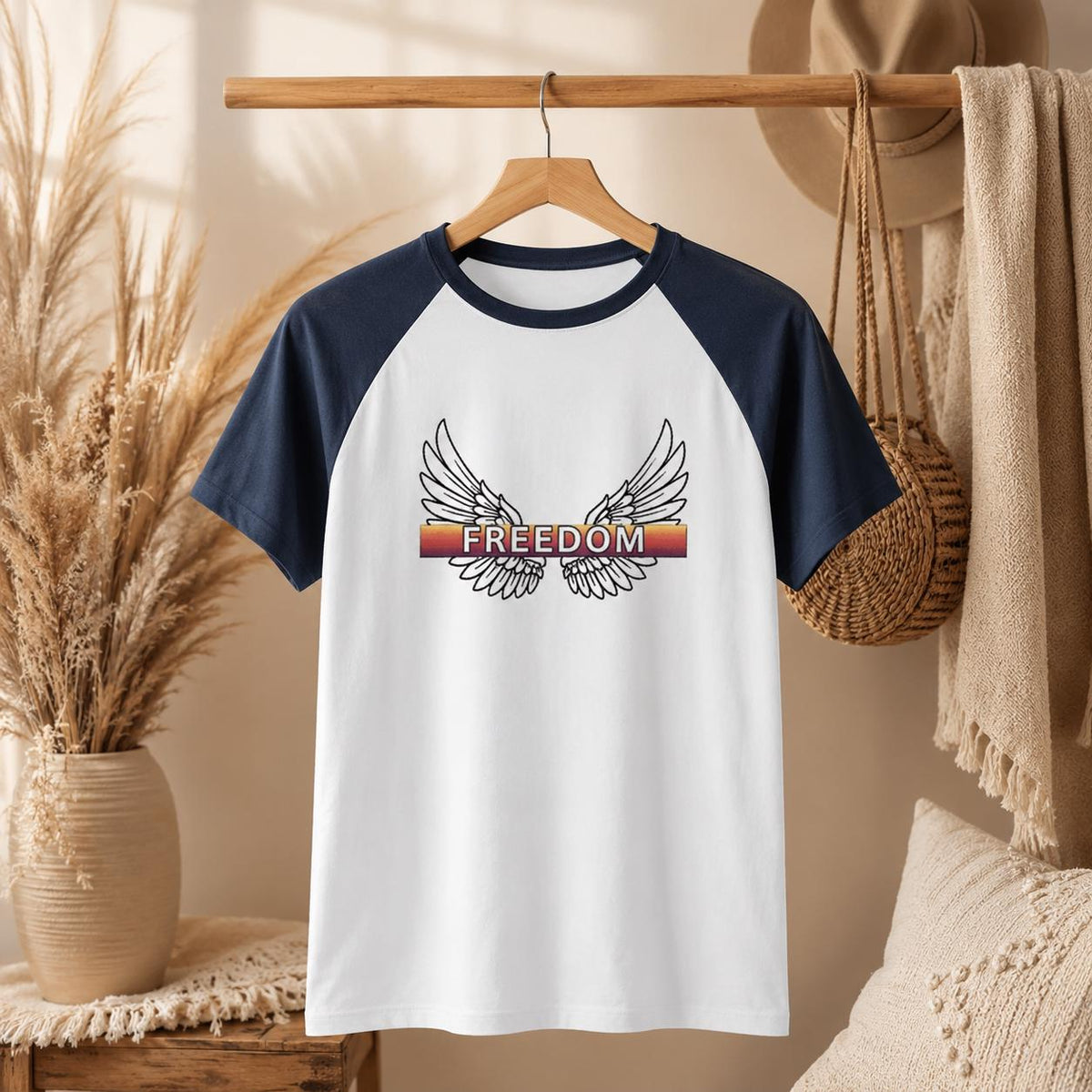 Freedom Wings Baseball Tee, Womens Micro Rib Raglan Baby Tee, Fitted Contrast Sleeve Top, Patriotic Womens Shirt, Soft Cotton Blend