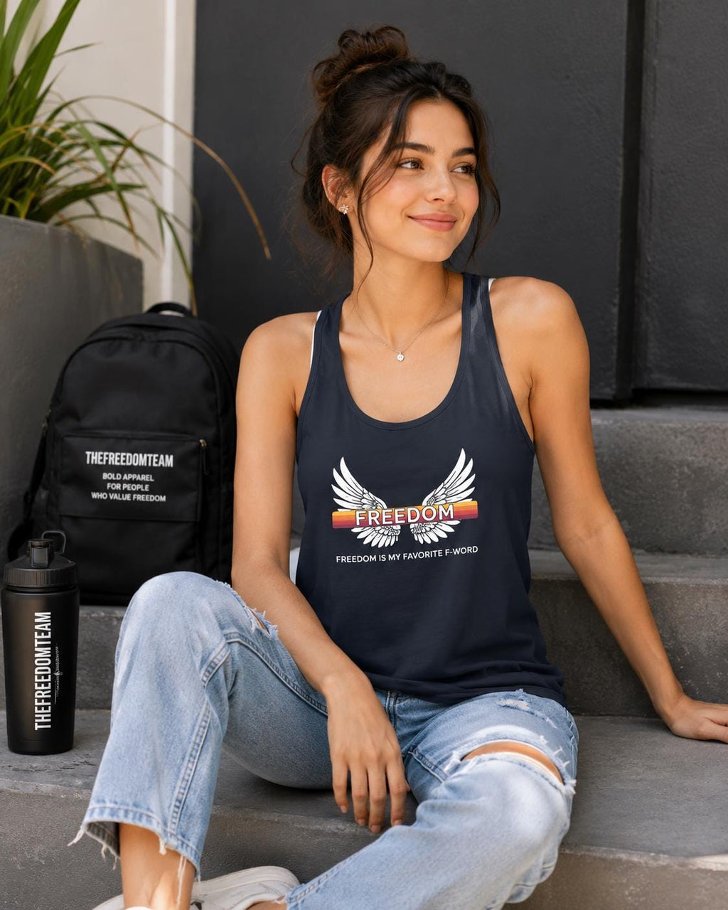 Freedom Wings Racerback Tank Top, Women's Flowy Workout Tank, Raw Edge Seams, Patriotic Gym Shirt, Liberty Tank for Summer