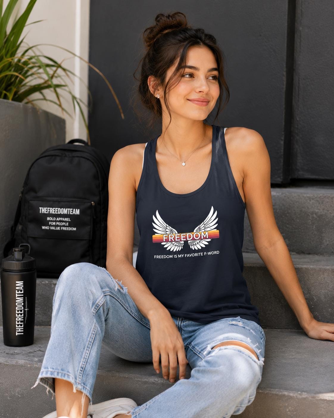 Freedom Wings Racerback Tank Top, Women's Flowy Workout Tank, Raw Edge Seams, Patriotic Gym Shirt, Liberty Tank for Summer