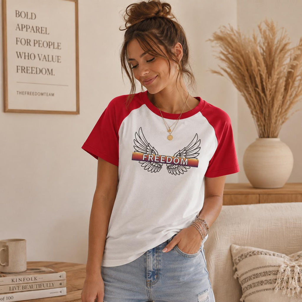 Freedom Wings Baseball Tee, Womens Micro Rib Raglan Baby Tee, Fitted Contrast Sleeve Top, Patriotic Womens Shirt, Soft Cotton Blend