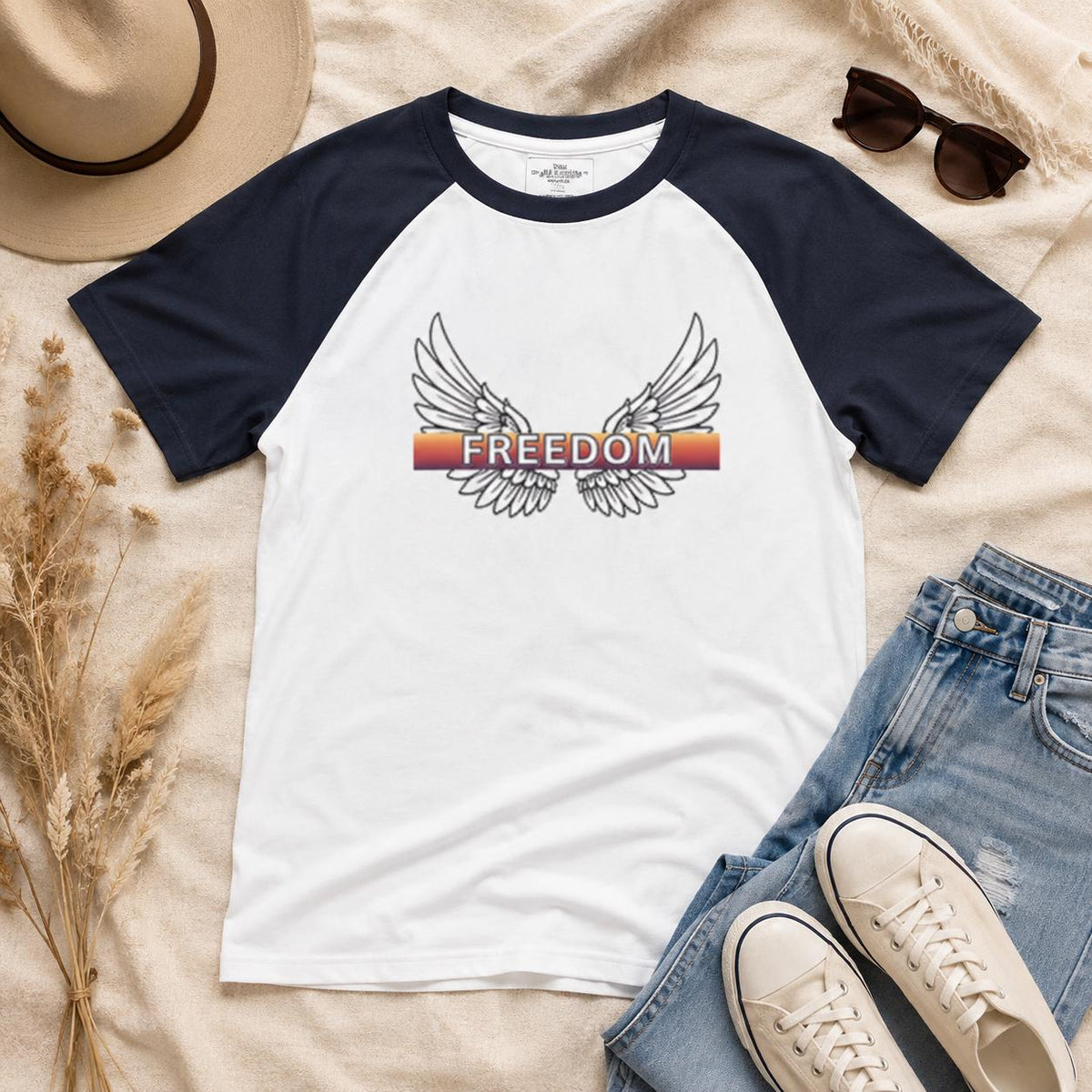 Freedom Wings Baseball Tee, Womens Micro Rib Raglan Baby Tee, Fitted Contrast Sleeve Top, Patriotic Womens Shirt, Soft Cotton Blend
