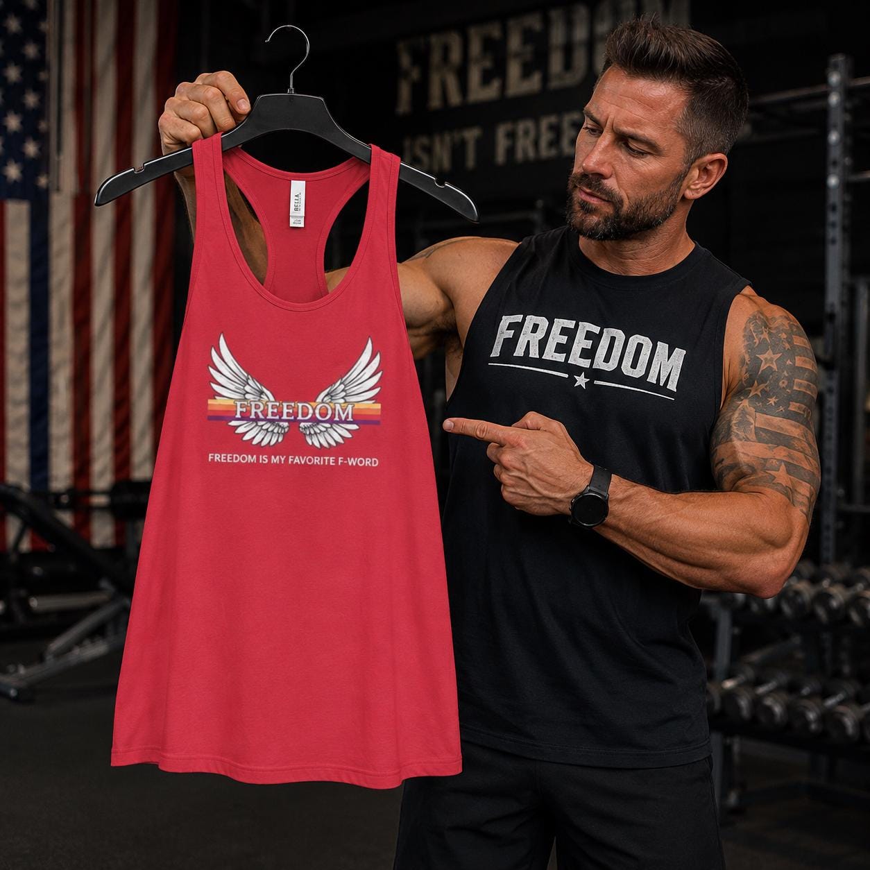 Freedom Wings Racerback Tank Top, Women's Flowy Workout Tank, Raw Edge Seams, Patriotic Gym Shirt, Liberty Tank for Summer