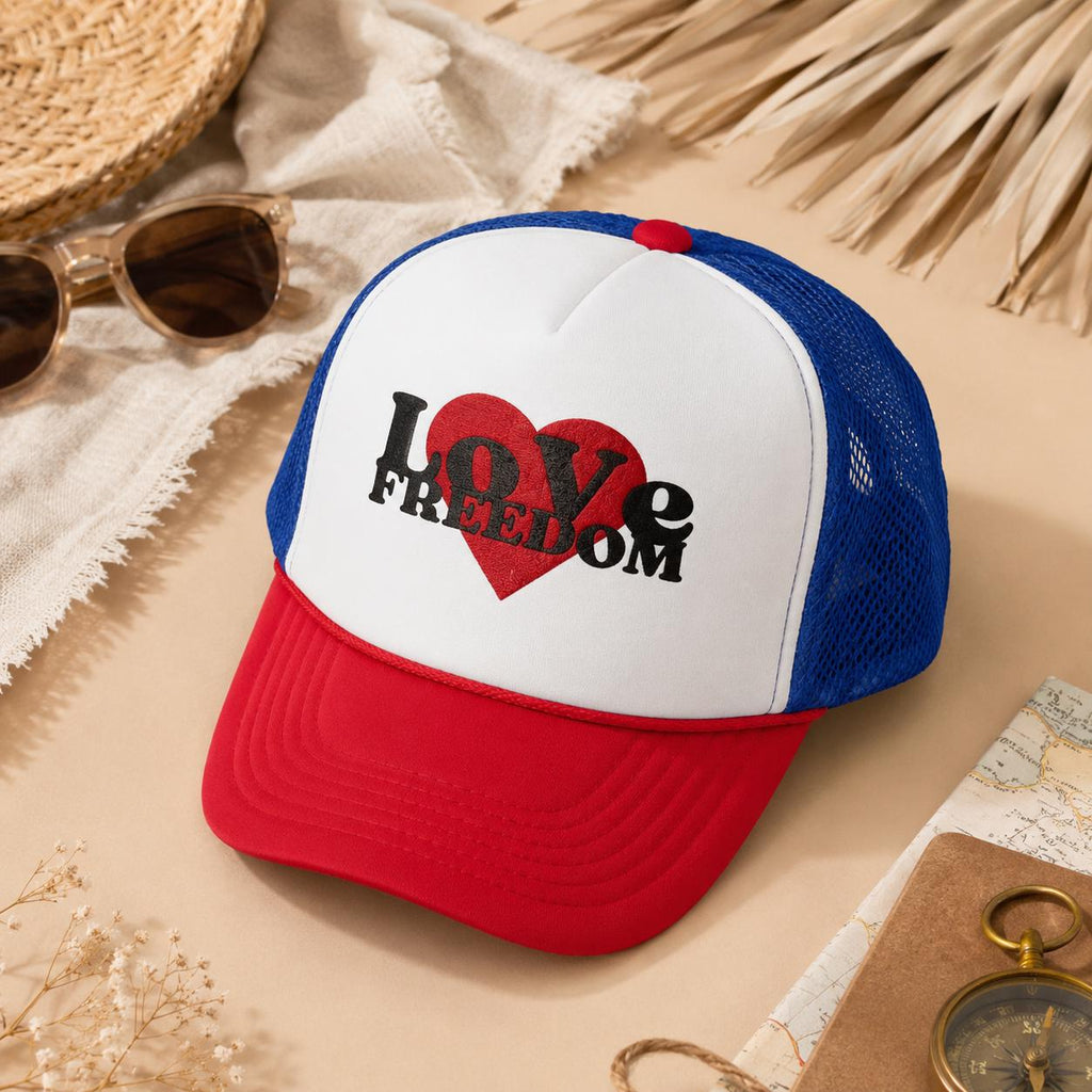Freedom hat, foam trucker cap, patriotic hat, liberty hat, USA hat, 4th of July accessory, American pride, snap closure, mesh back
